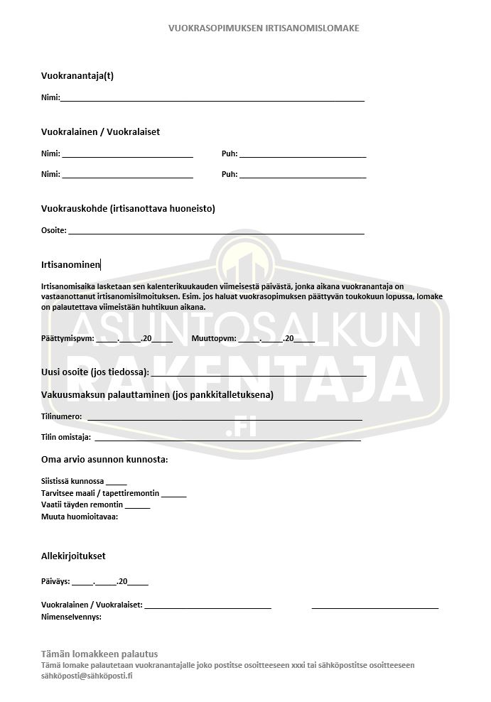 Vuokrasopimuksen Irtisanominen Ja Purkaminen Lomake Ja Mallipohja Vuokrasopimuksen Irtisanominen Ja Purkaminen Lomake Ja Mallipohja