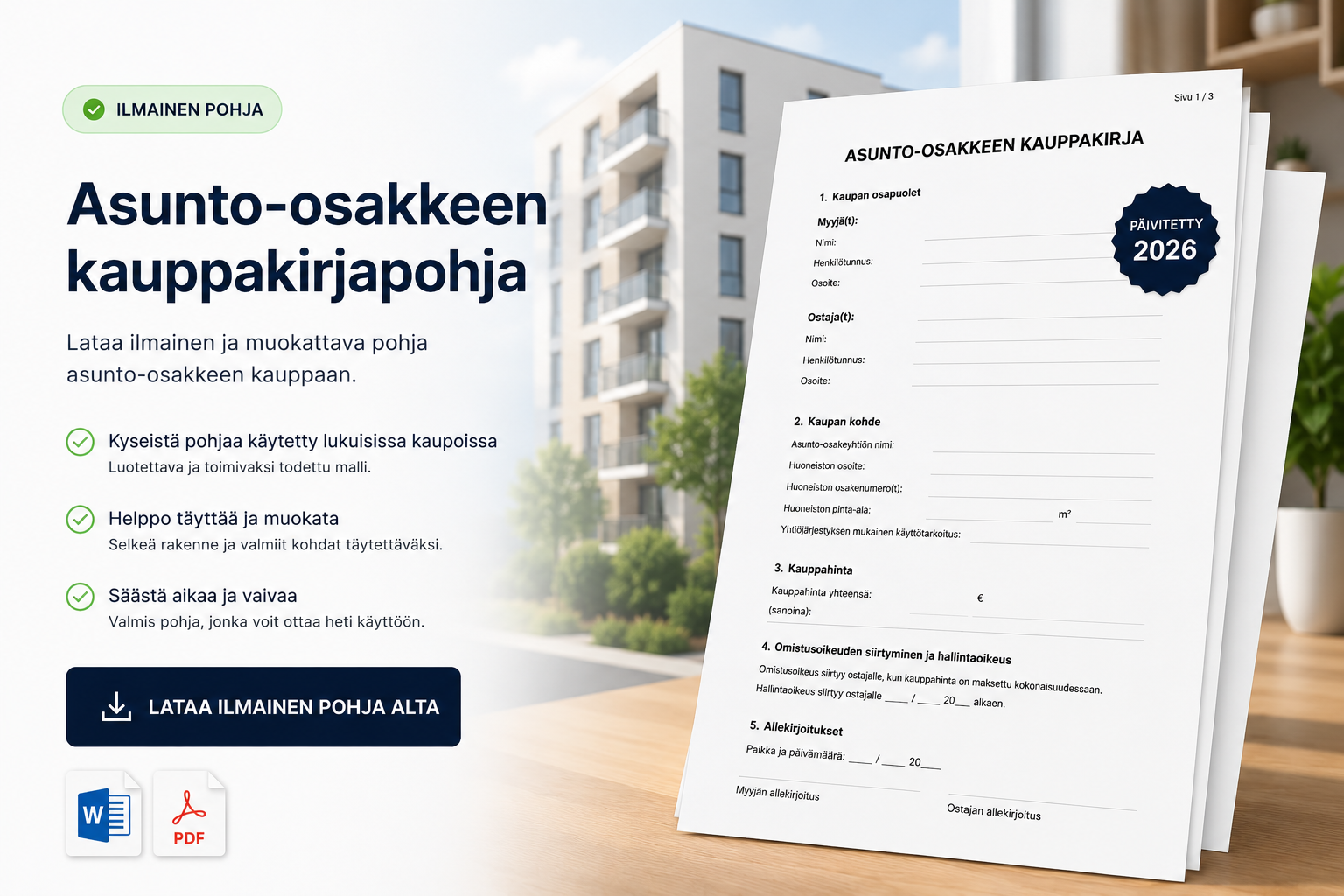 Ilmainen asunto-osakkeen kauppakirjapohja